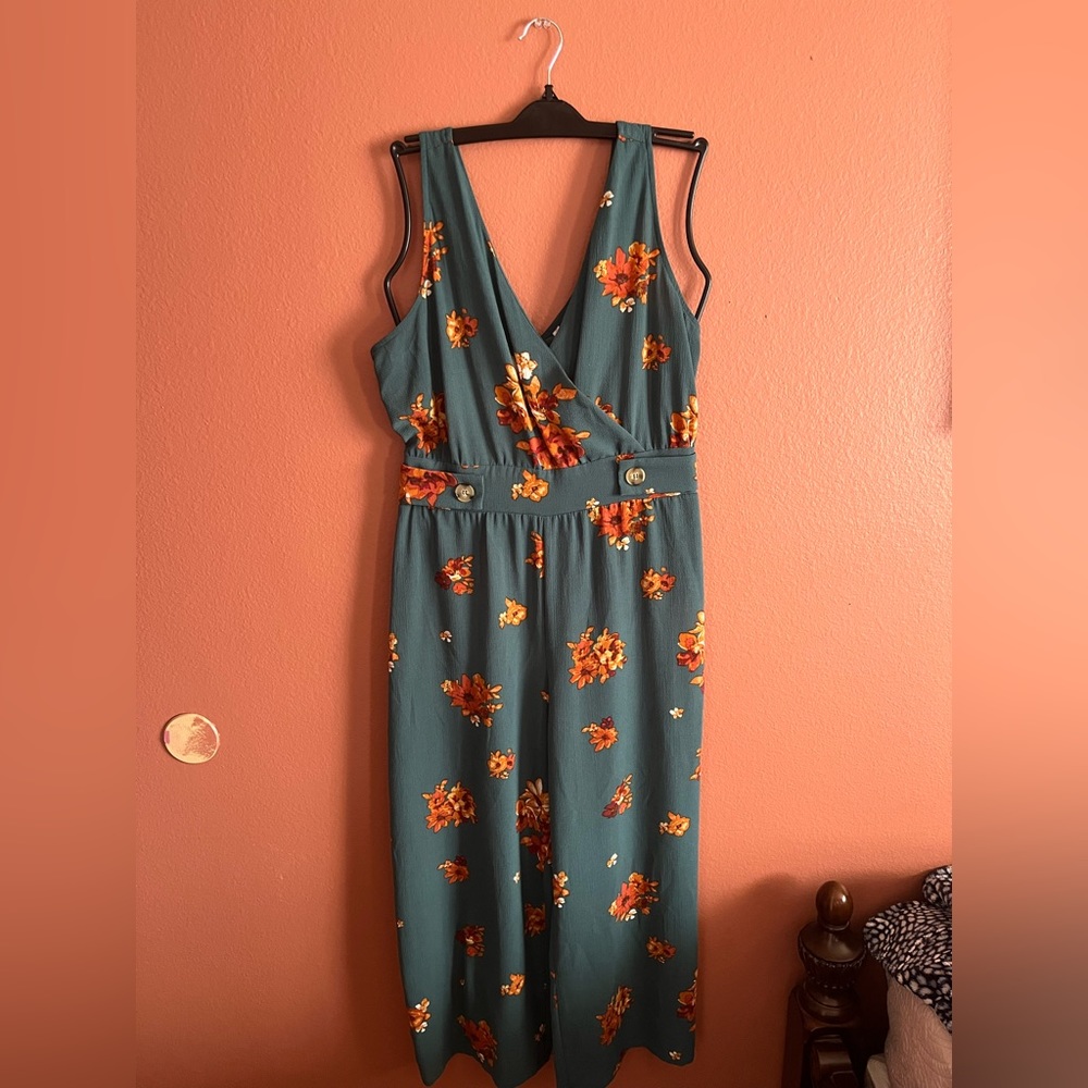 Xhilaration teal blue and yellow floral jumpsuit